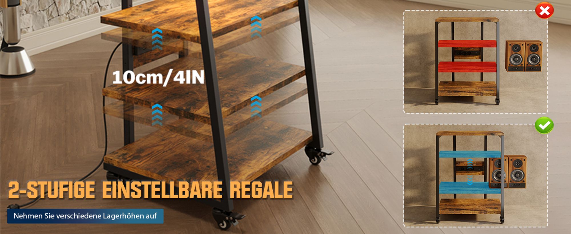 4-stufiger HiFi Rack 60x52x78 cm mit Rädern, Plattenspieler Tisch Schrank mit Steckdosenleisten, LED, Verstellbaren Ablage Holz Medienständer Regal