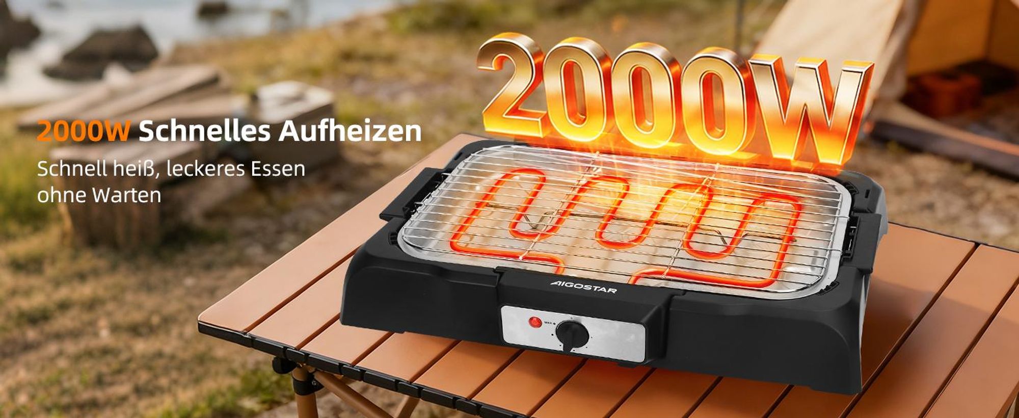 Aigostar - Rauchfreier Tischgrill Barbecue Elektrogrill Elektrischer, Antihaftbeschichtete Grillfläche , Abnehmbarer Fettauffangschale, 2000W