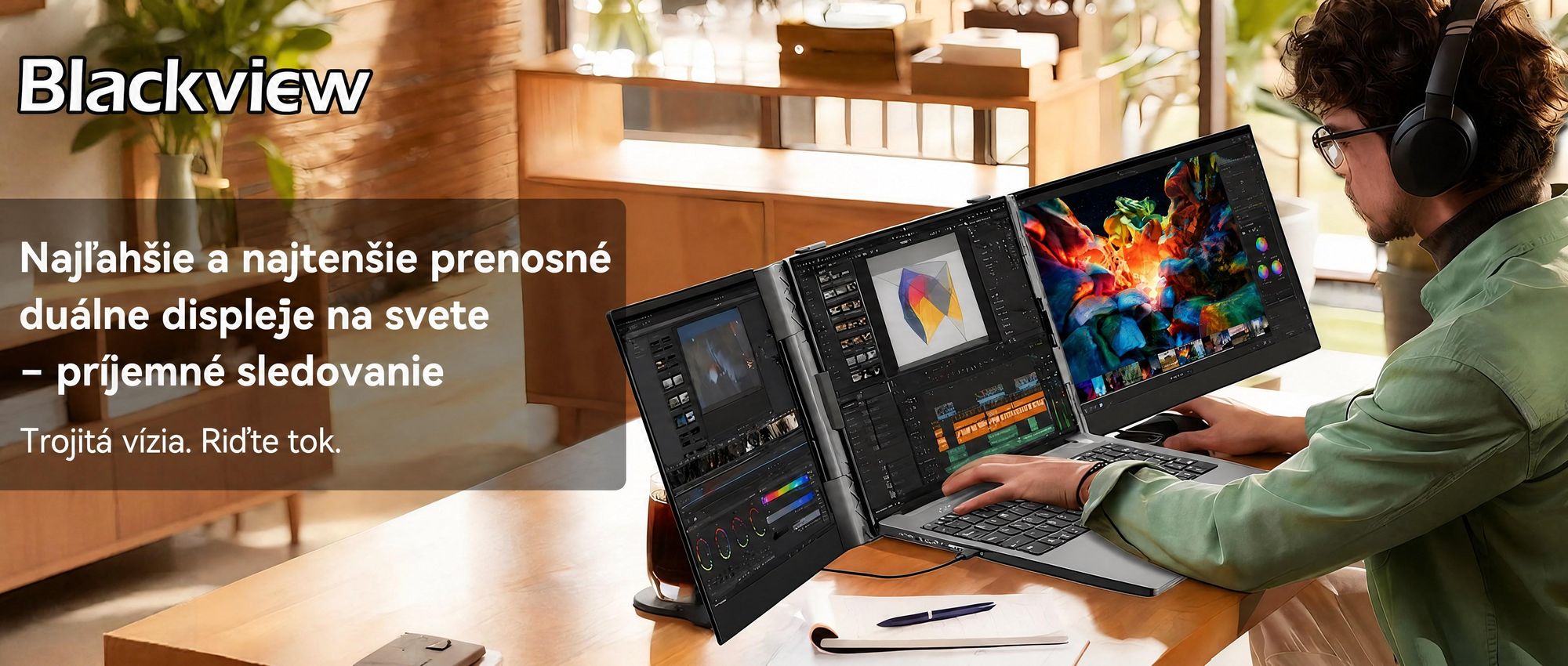Prenosný monitor Blackview DCM6 14", monitor s dvoma obrazovkami pre notebooky, ultratenký, FHD, pre notebooky s uhlopriečkou 13,3" – 17,3", otočný o 180°, kompatibilný s Windows/Mac/Android