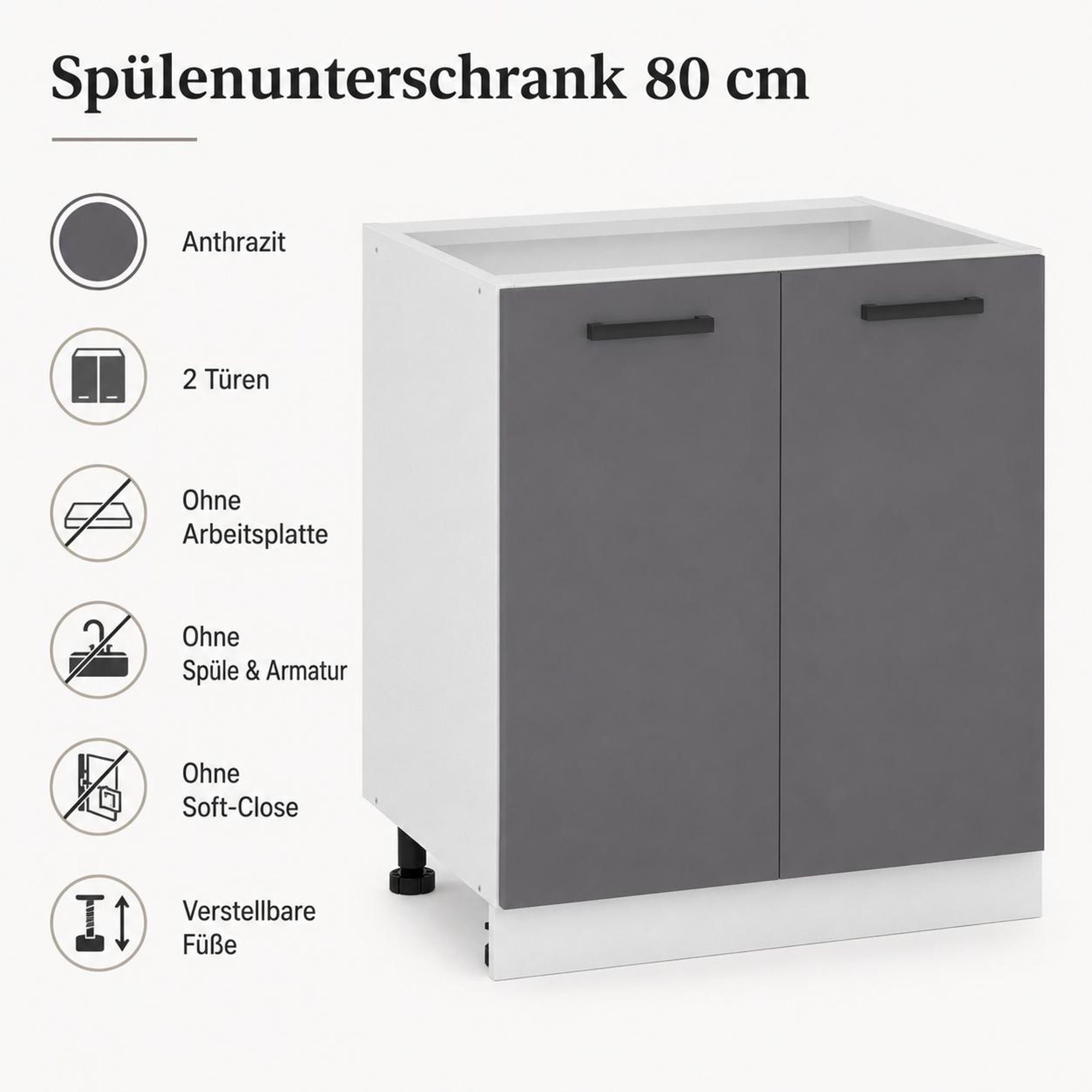 Spülenunterschrank 80 cm Anthrazit: 2 Türen, weißer Korpus & verstellbare Füße.