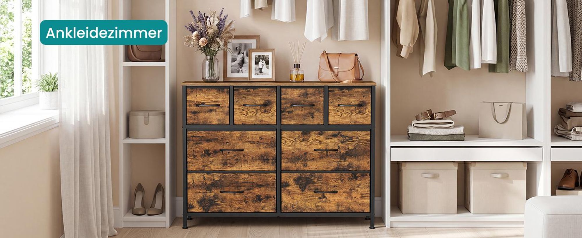 SONGMICS Kommode mit 8 Stoffschubladen, Aufbewahrungsschrank mit Metallrahmen, 98,7 x 30 x 74,7 cm, Tan