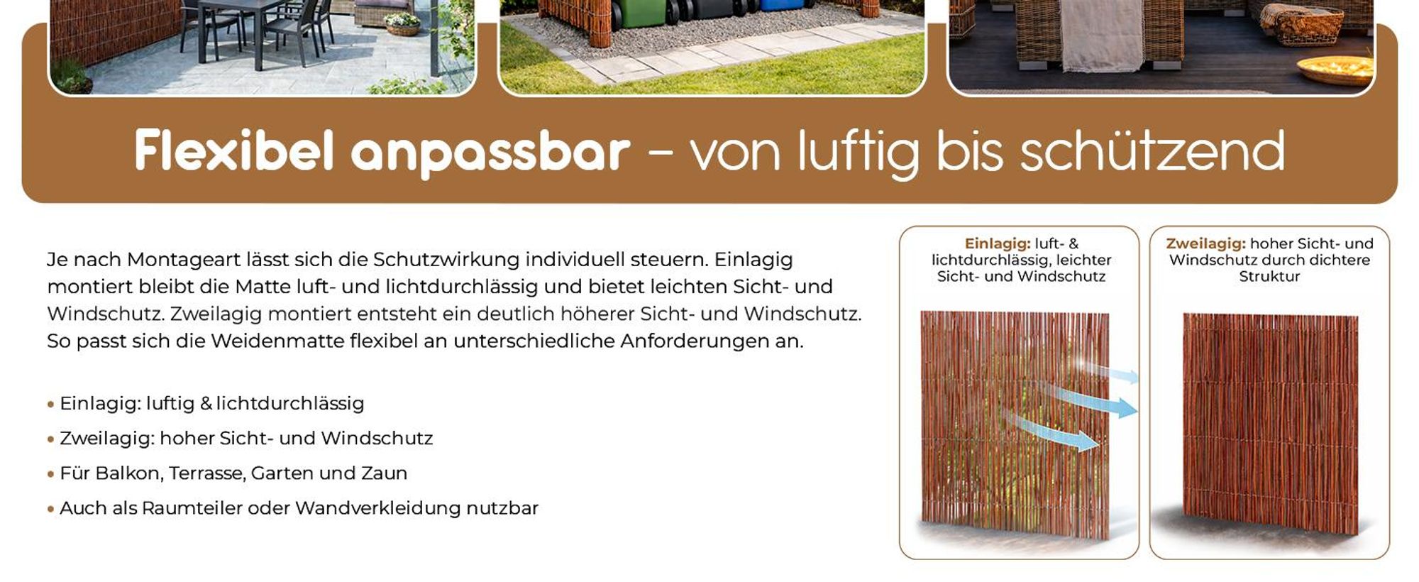 BOOGARDI Weidenmatte in 20 Größen · 80x500cm · Sichtschutzmatte Weide Balkonverkleidung Gartenzaun Sichtschutz Garten Balkon Sichtschutzzaun Holz