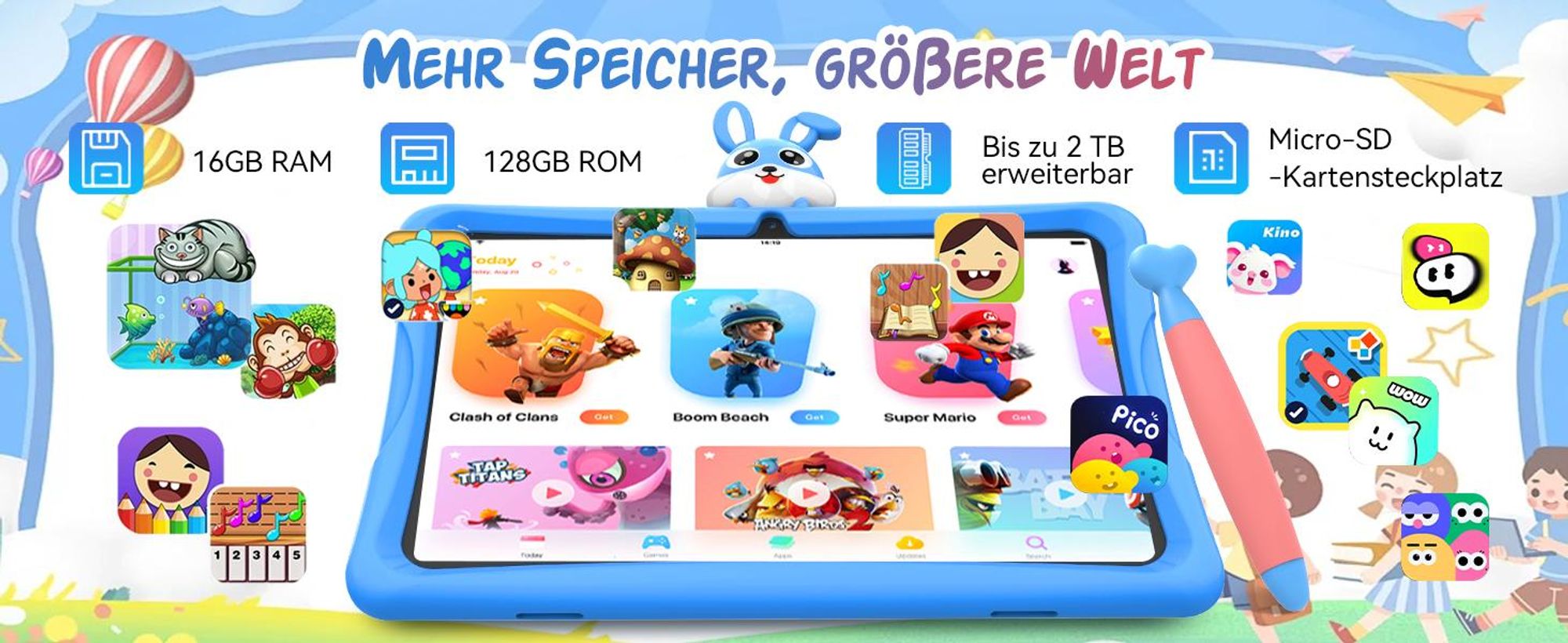 Tabwee K10, 10.1" Kinder Tablet, 4GB+128GB, Android 16, WiFi Tablet für Kinder, mit Schutzhülle und Stift, 5000 mAh, Google Kids Space