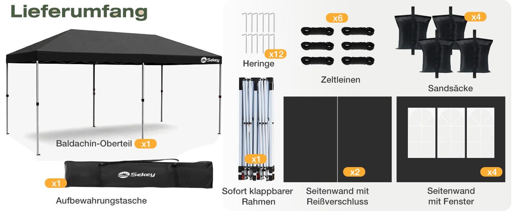 Sekey Faltpavillon 3x6 m wasserdicht UV50+ Gartenpavillon Partyzelt mit 6 Seitenteilen höhenverstellbar, Schwarz
