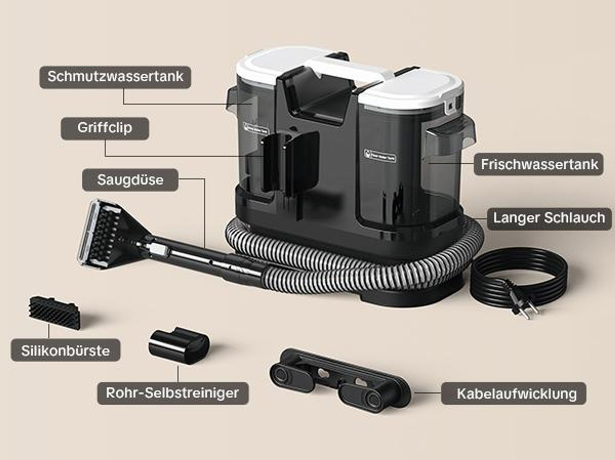 Lubluelu Teppichreiniger Waschsauger 15000 Pa / 600 W, Nasssauger für Teppich, Polster & Auto, Großer Wassertank, Lange Kabel, inkl. Zubehör, black,A6