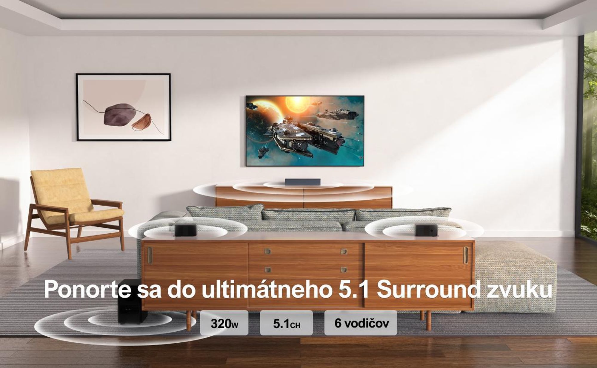 ULTIMEA 5.1 Surround Soundbar 320W, virtuálny priestorový systém, Soundbar so subwooferom a zadnými reproduktormi, priestorové a basové nastavenie domáceho kina