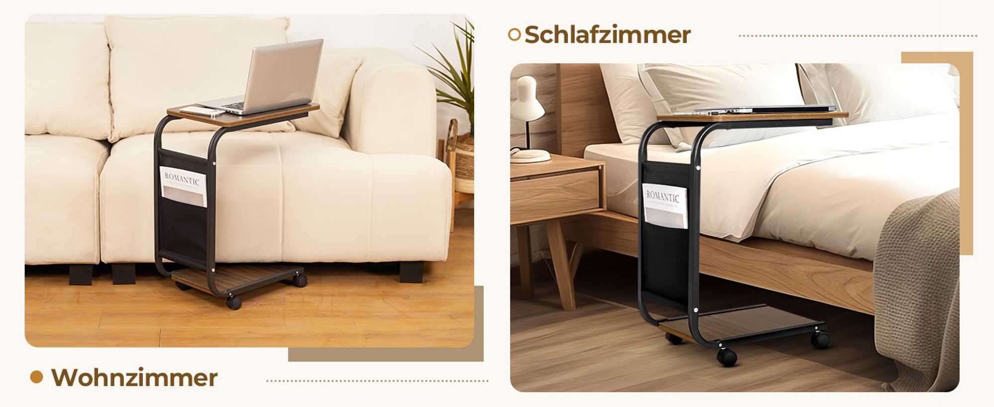 Yorbay Beistelltisch C-Form Couchtisch, Sofatisch 45×30×65 cm Kaffeetisch mit Rollen & höhenverstellbaren Füßen - Wohnzimmer, Büro, Balkon