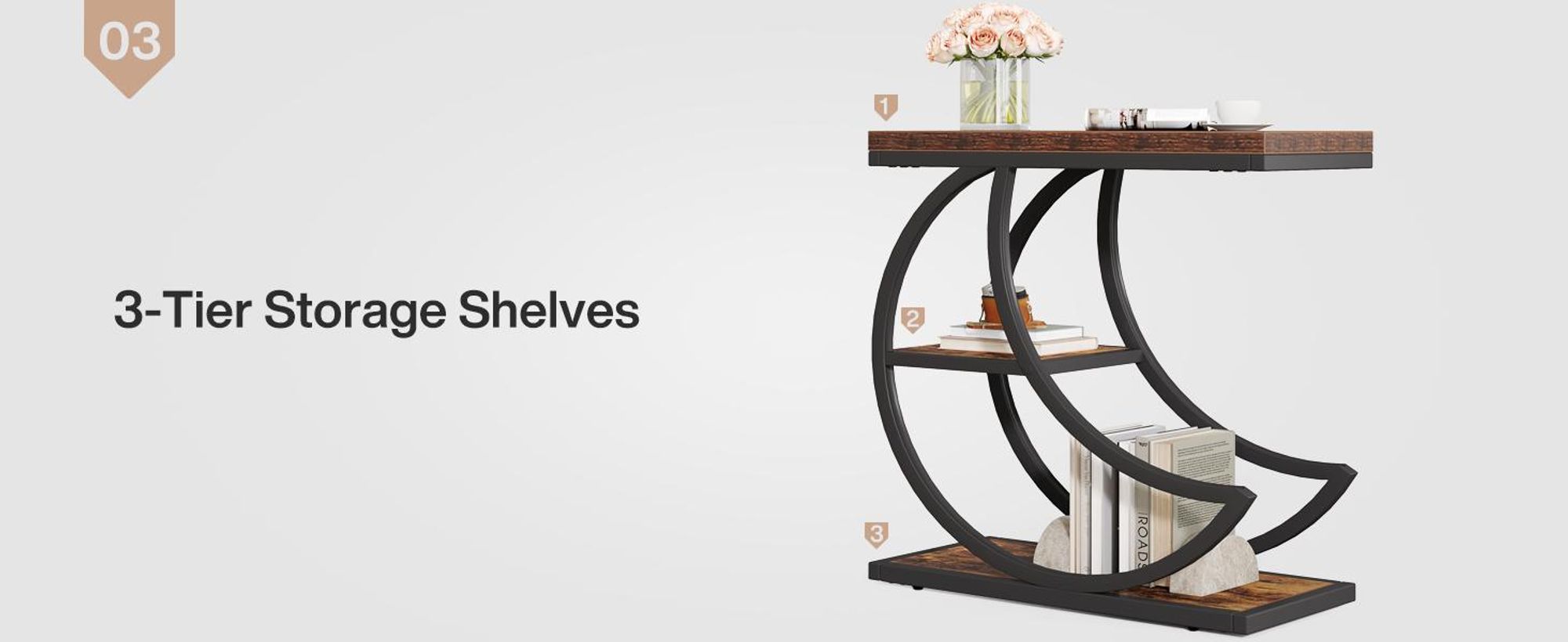 Tribesigns 3-Tier Beistelltisch, Industrielle Beistelltische mit 3 Ablageflächen, Couchtisch Sofatisch mit halbmondförmigem Metallrahmen, Braun