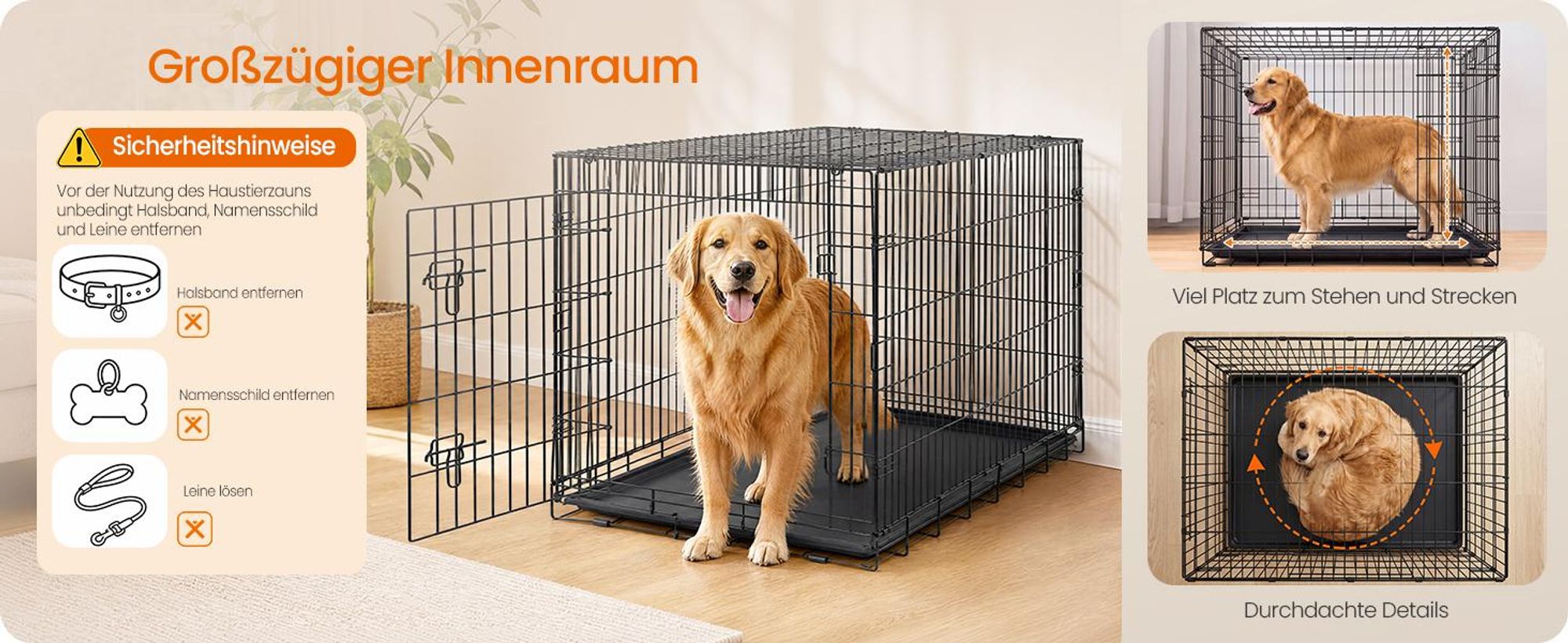 FEANDREA Hundekäfig Faltbar mit 1 Tür und Kunststoffschale für Große Hunde 122,5 x 74 x 80 cm Schwarz