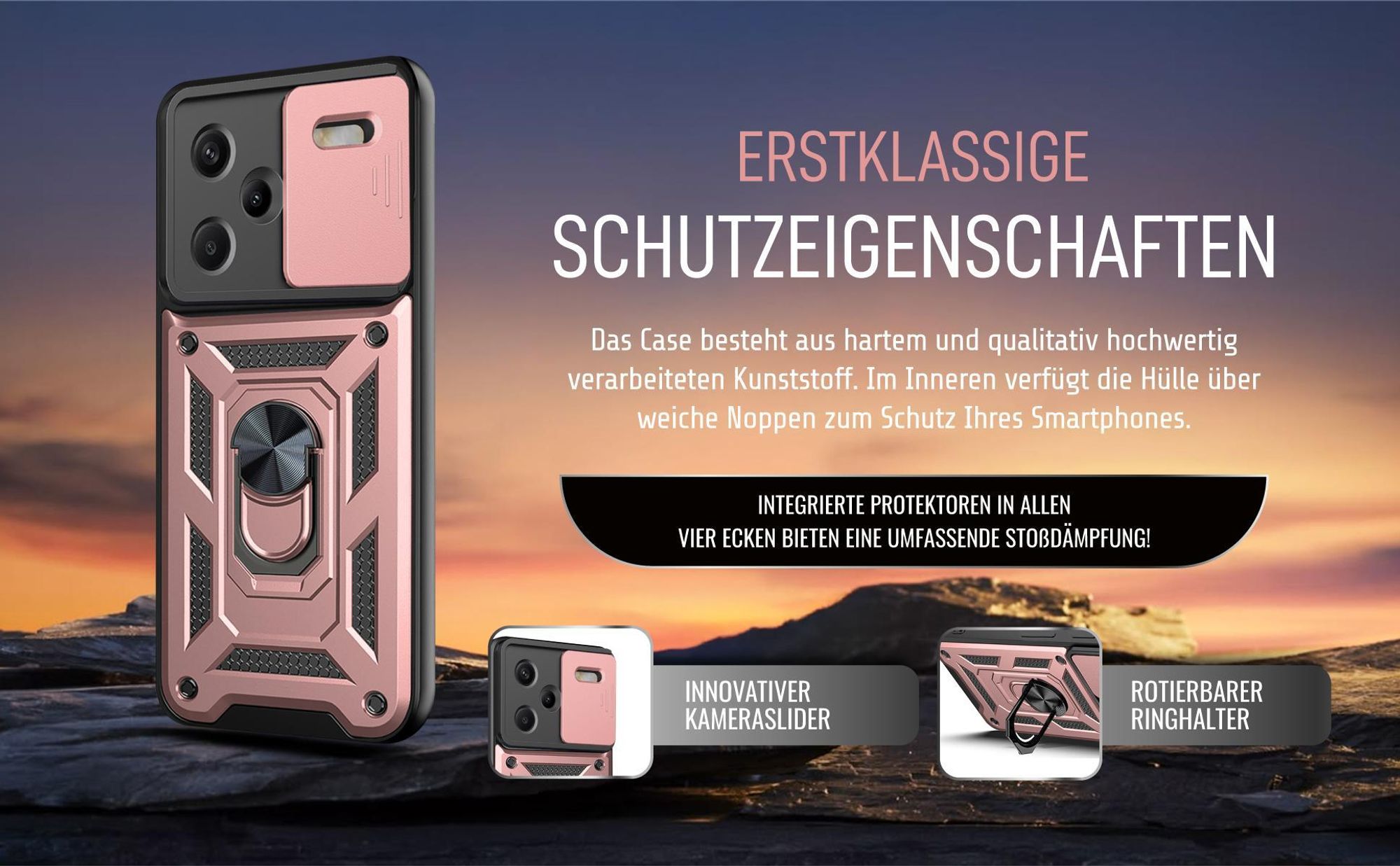 Handycase in Rosegold für Xiaomi Redmi Note 13 Pro+ 5G mit Ringhalter