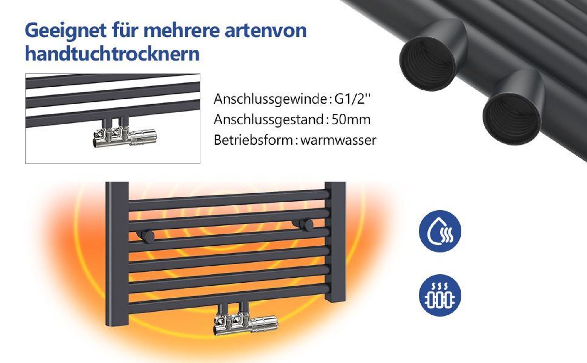 Heilmetz Badheizkörper 1200x500mm Mittelanschluss 513 Watt Anthrazit, Handtuchtrockner Handtuchwärmer Design Heizkörper für Bad Heizung Radiator Ohne heizstab