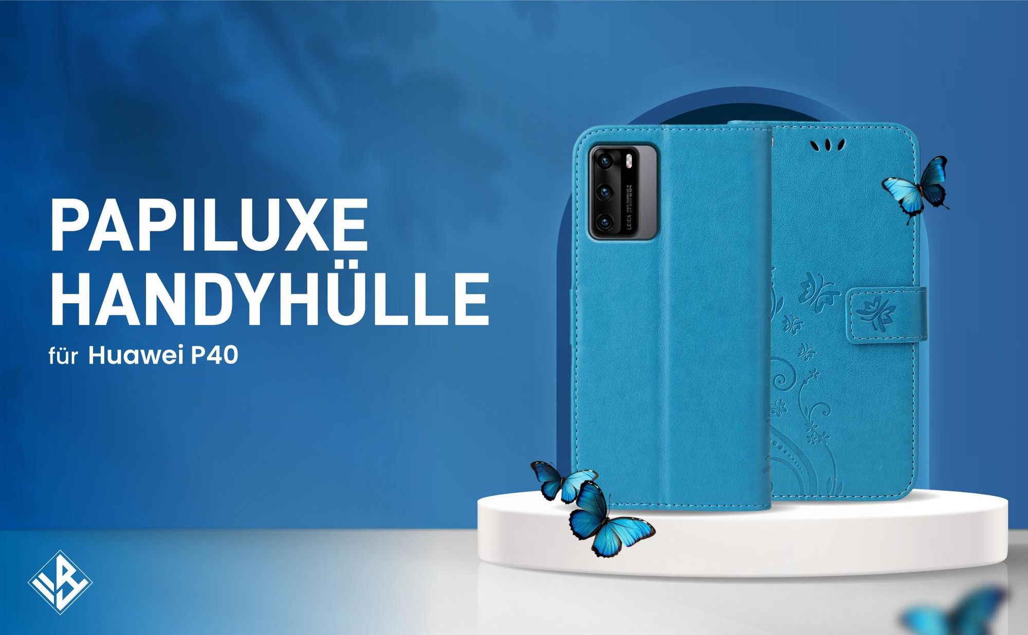 Blaue Klapphülle im Schmetterling Design für Huawei P40 mit Wallet-Funktion
