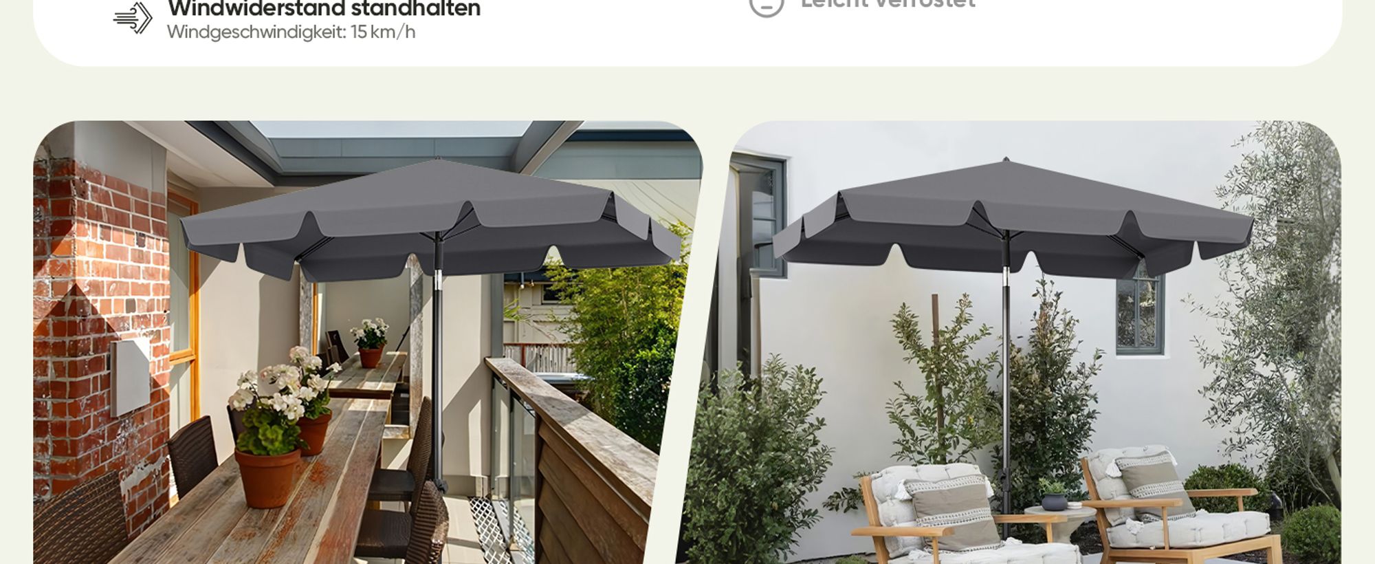 Sekey Sonnenschirm Balkon Rechteckig 200×125 cm Balkonschirm mit Tragetasche Neigungswinkel & Höhe verstellbar Sonnenschutz UPF 50+, Grau