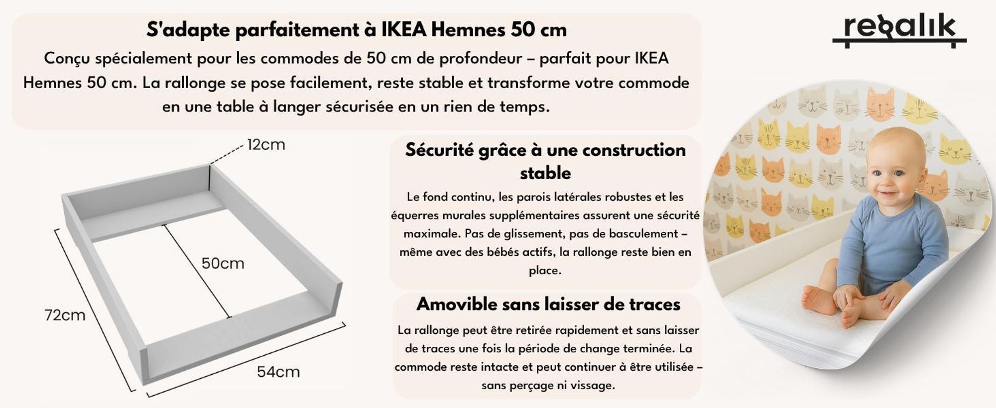 regalik Plan à Langer pour Hemnes de IKEA, Extension pour Commode de 50 cm, Amovible, Plan à Langer avec Façades arrondis, Graphite