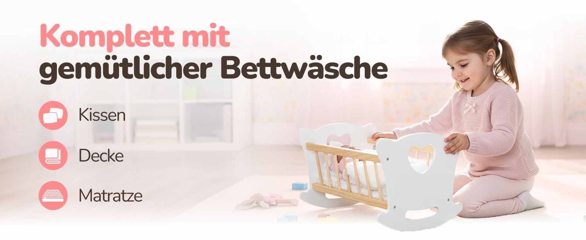 Kinderplay Holz-Puppenwiege GS2105 mit Bettwäsche – klassisches Puppenbett aus Holz für Kinder ab 3 Jahren – Green Series
