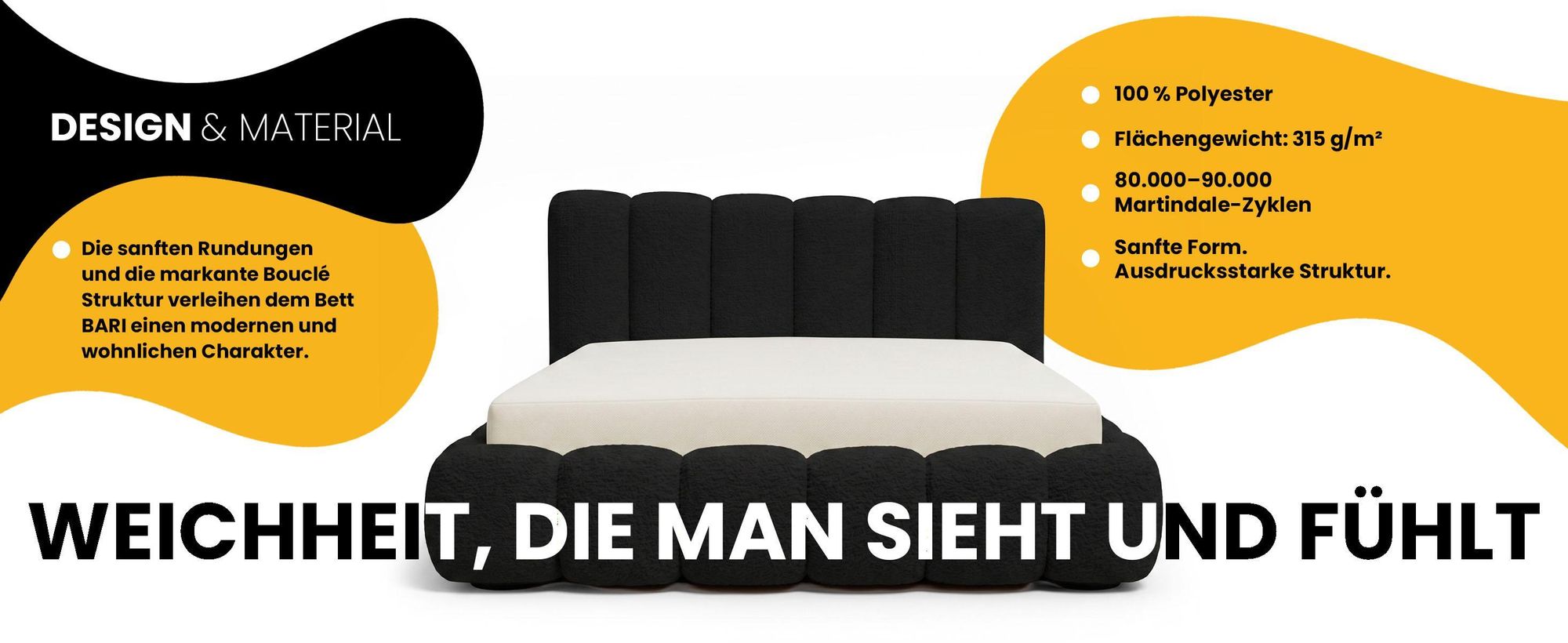 Polsterbett 200x200 cm Schwarz – Doppelbett mit Bettkasten aus Bouclé-Stoff (Quelle 100)