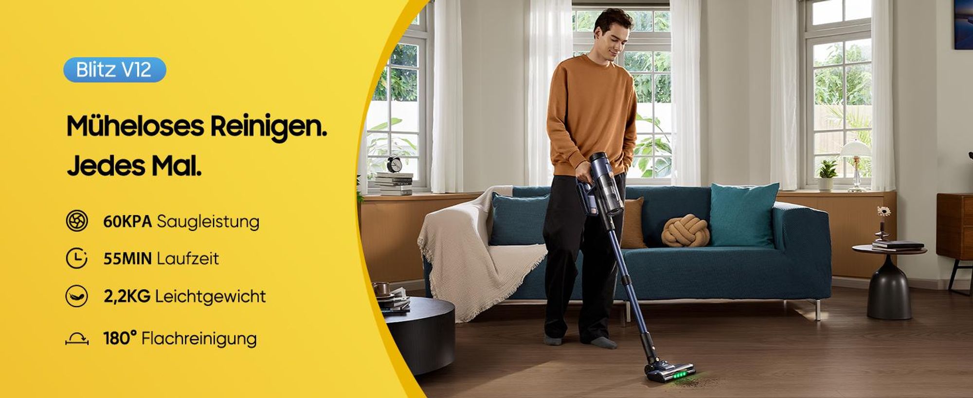 Vactidy V12 Akku Staubsauger/ 55Min/ 60kPa /600W/ 2,2kg/ Anti-Verhedderungs-Bürste, GreenEye Technologie, LED Touchscreen, für Hartböden, Teppiche