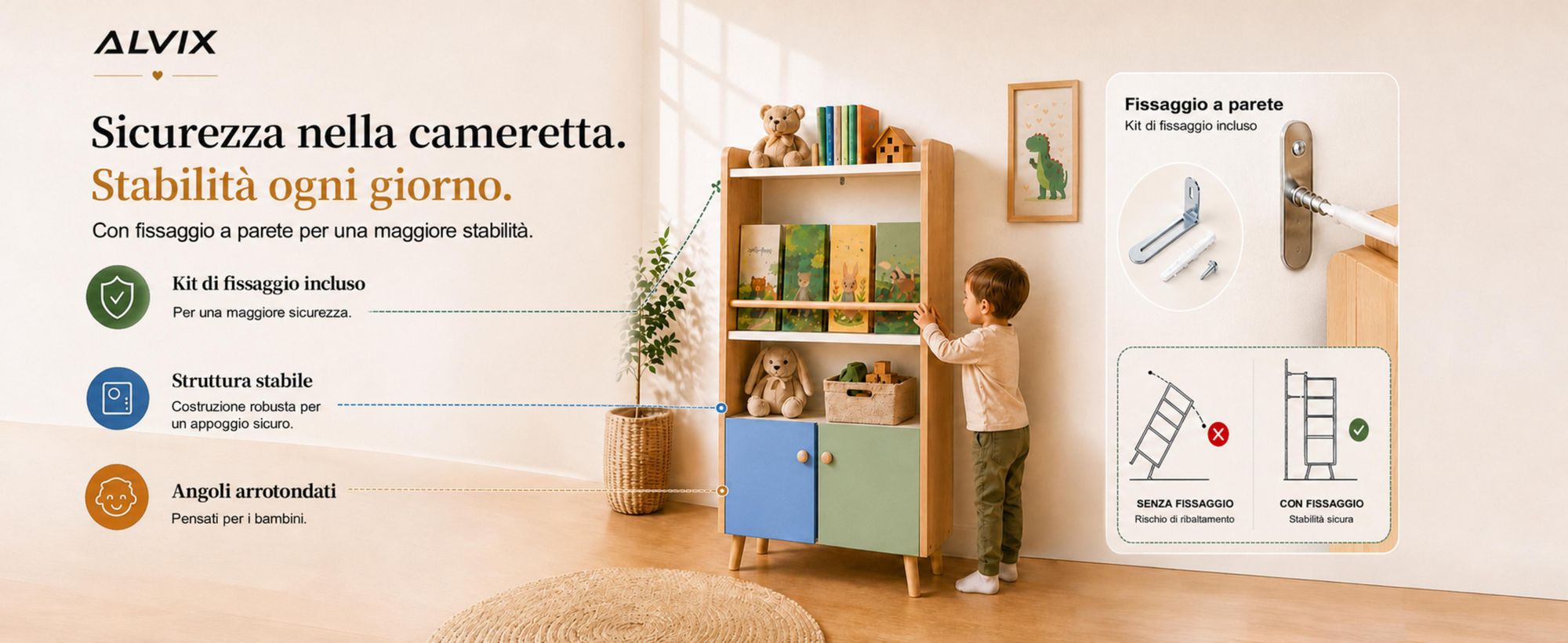 ALVIX, libreria per bambini NESTA 4 con 2 ante, libreria Montessori per bambini con ripiani per libri, scaffale per giocattoli e armadietto contenitore, dotata di sistema di sicurezza anticaduta