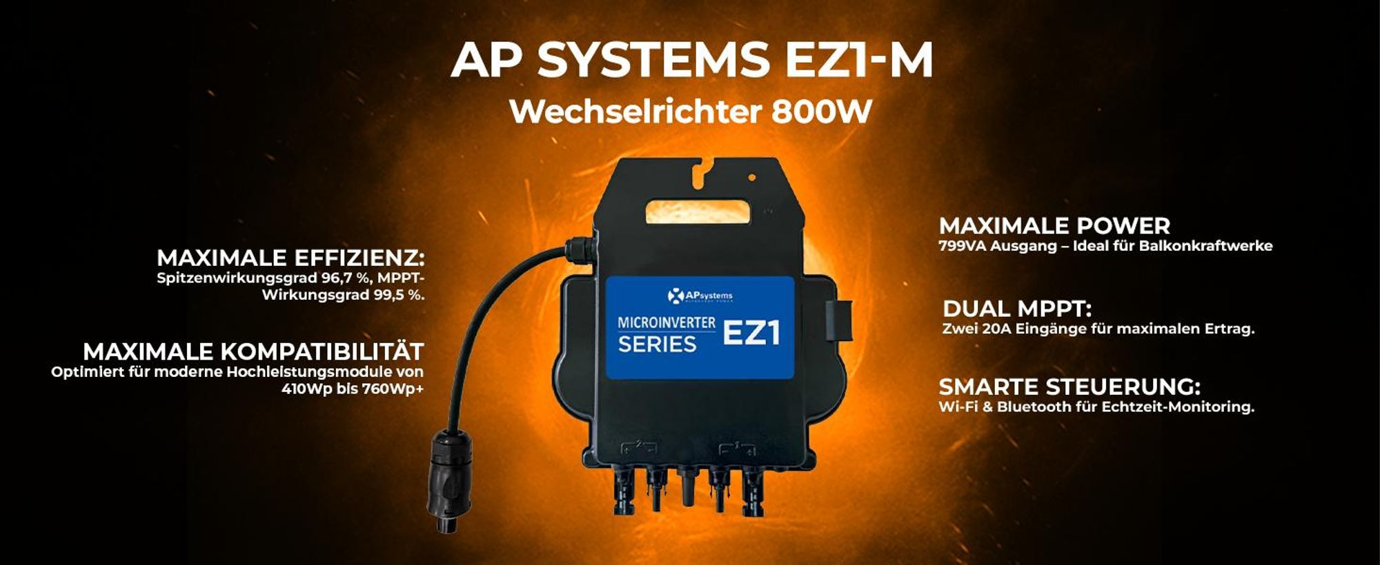 SUNNIVA 920W Balkonkraftwerk BIFAZIAL FULLBLACK komplett Steckdose AP Systems EZ1-M 800W Wechselrichter, Solaranlage 2x460W Glas Solarmodule,5m Kabel