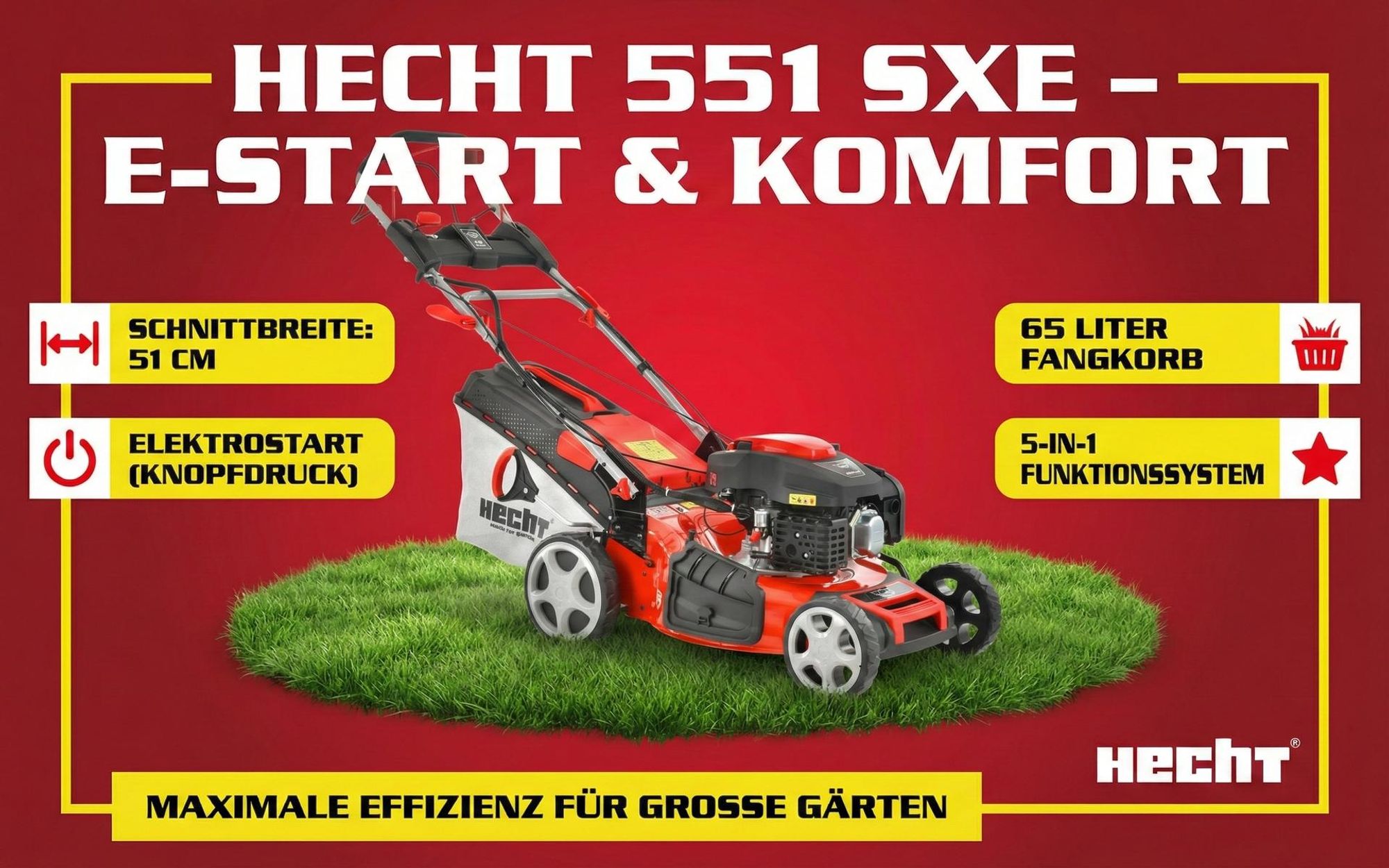 HECHT 551 SXE Rasenmäher Benzin mit Antrieb | 51 cm Schnittbreite | Elektrostart | 5in1 | 5,5 PS | Mulchkit