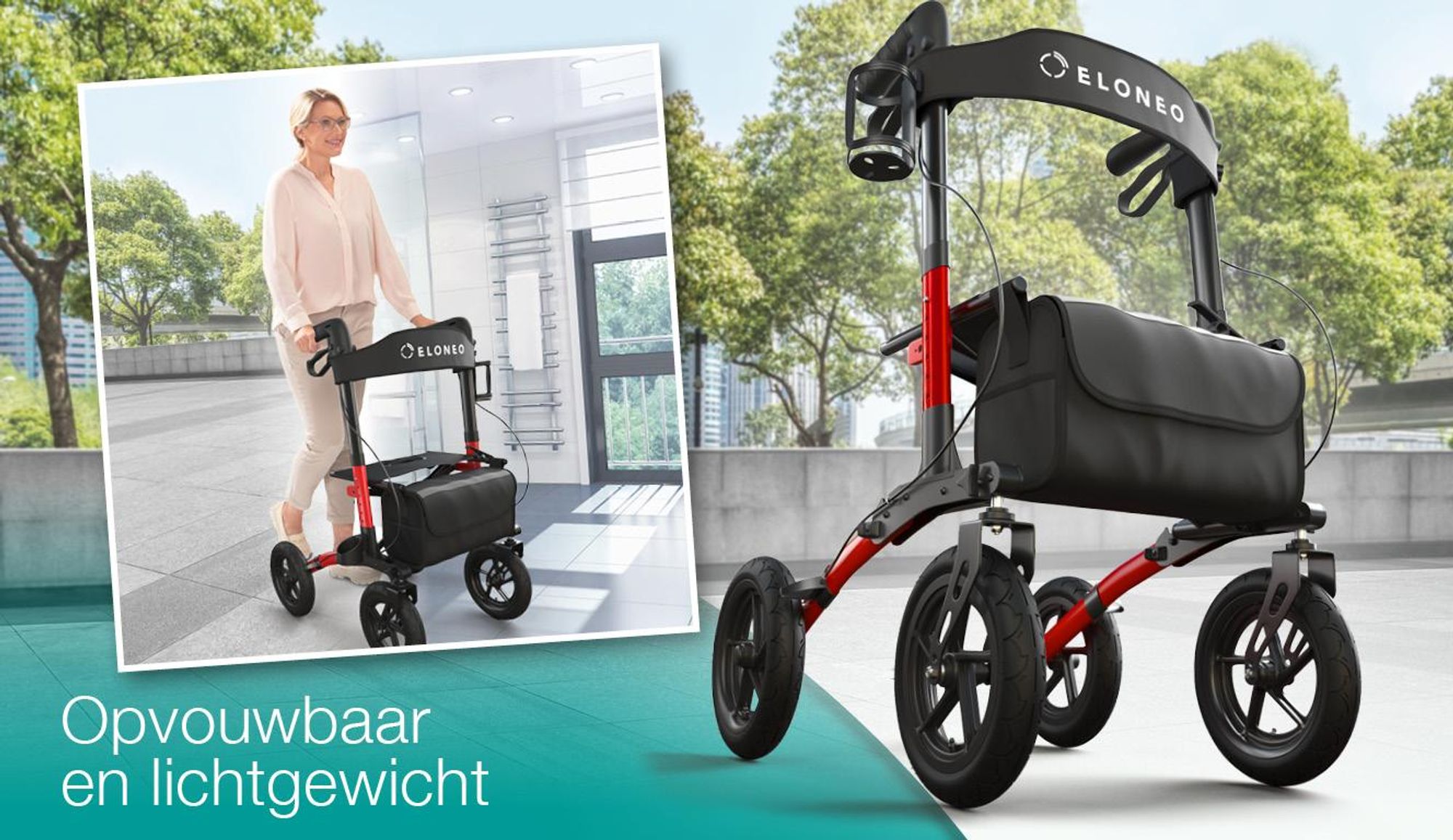 ELONEO inklapbare rollator met zitplaats, outdoor rollator met luchtbanden, inclusief zitvlak, rugsteun en verstelbare loopsteun van aluminium