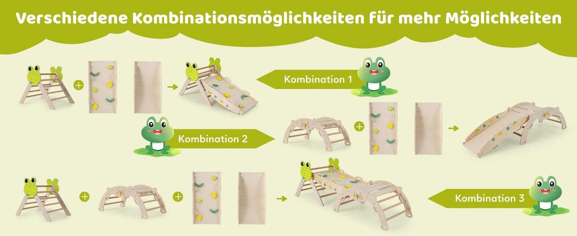 COSTWAY Klettergerüst Indoor 3er Set, klappabres Kletterdreieck mit Rutsche, Kletterbogen, doppelseitige Rampe, Baustein Set&2 Autos, für Kinder 1+