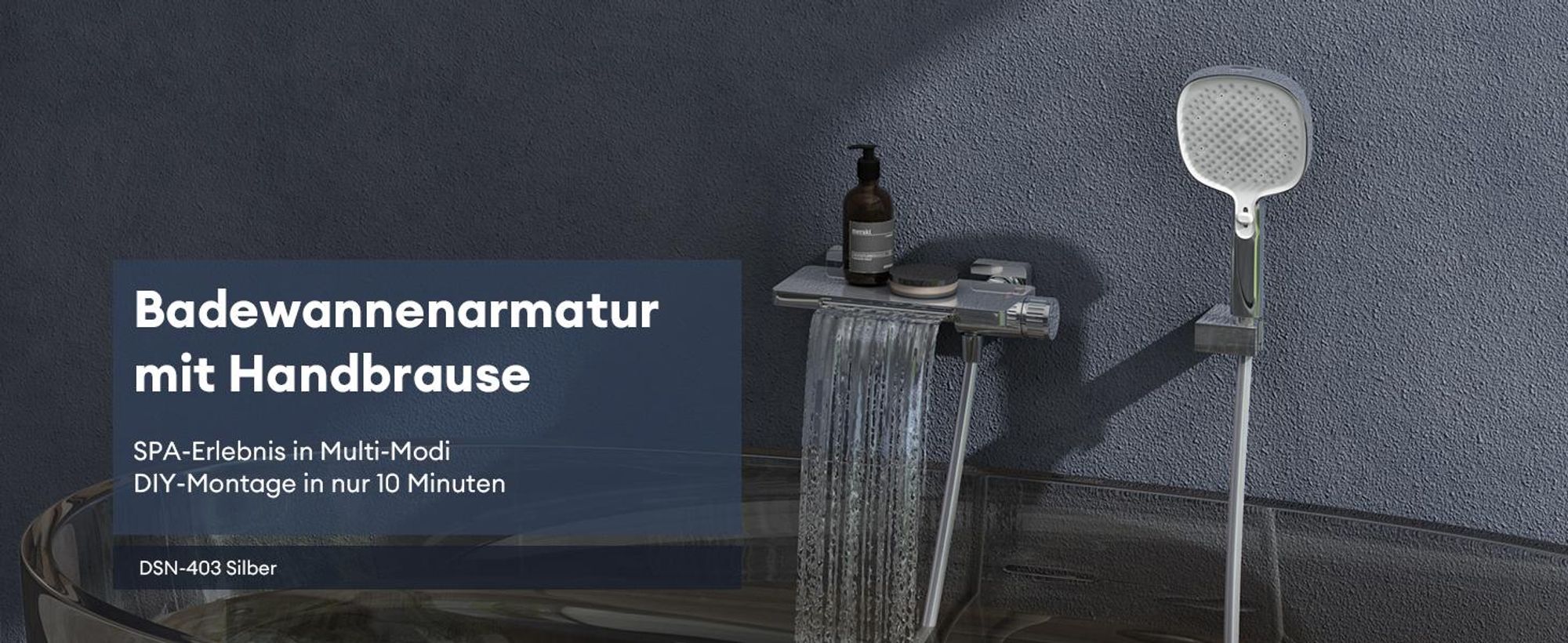 doporro Badewannenarmatur mit Handbrause, Wasserfall Wannenarmatur aus Vollmessing, Armatur Badewanne Wandarmatur, Wandmontage Silber DSN-403