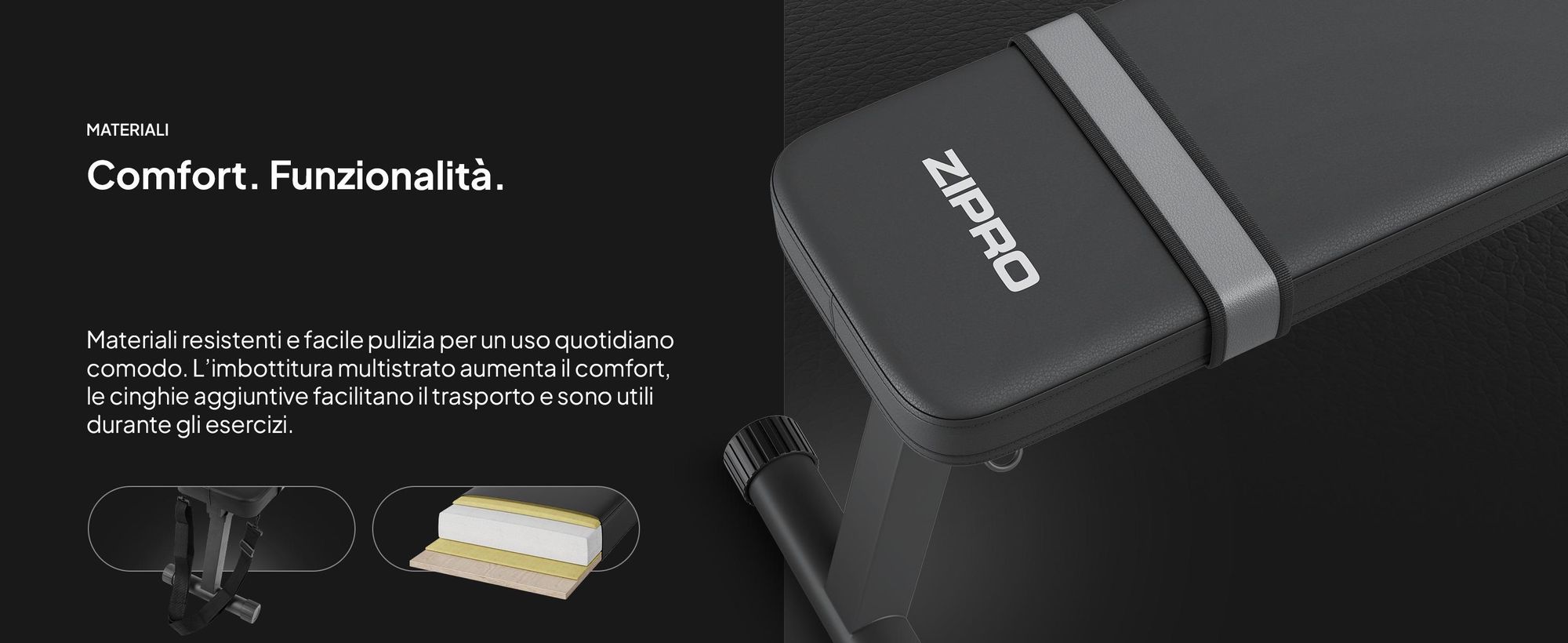 Panca piana Zipro Plank – Panca fitness pieghevole per la casa Ultracompatta con maniglia per il trasporto Resistente fino a 230 kg Panca da allenamento per manubri e hip