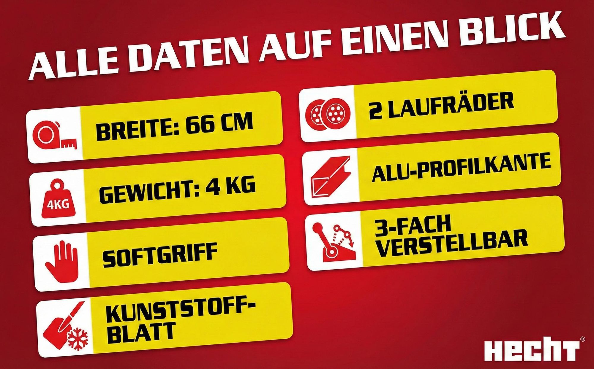 HECHT 661 GT Schneeschieber Schneeschaufel mit Räder | 66 cm Räumbreite | Alu-Profil-Kante | 140 cm Höhe