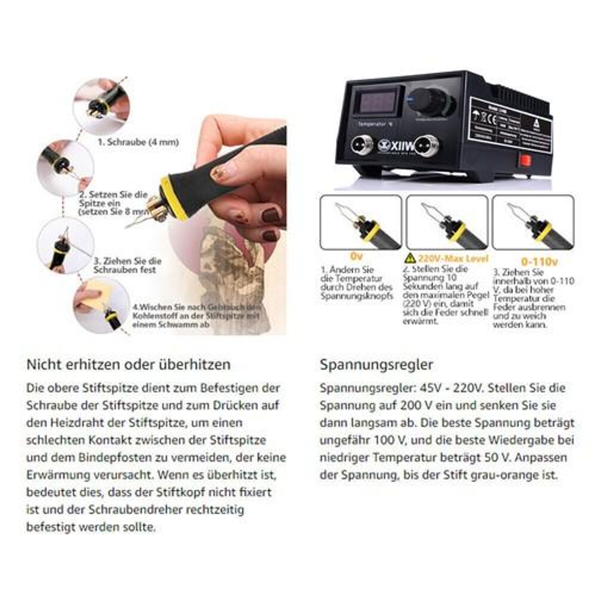 Brandmalerei 100W mit 23-teilig Spitz und zwei Stiften, Holzbrenner Brennkolben Set, Temperatur Einstellbar 0-750°C, Brandmalgeräte für Holz