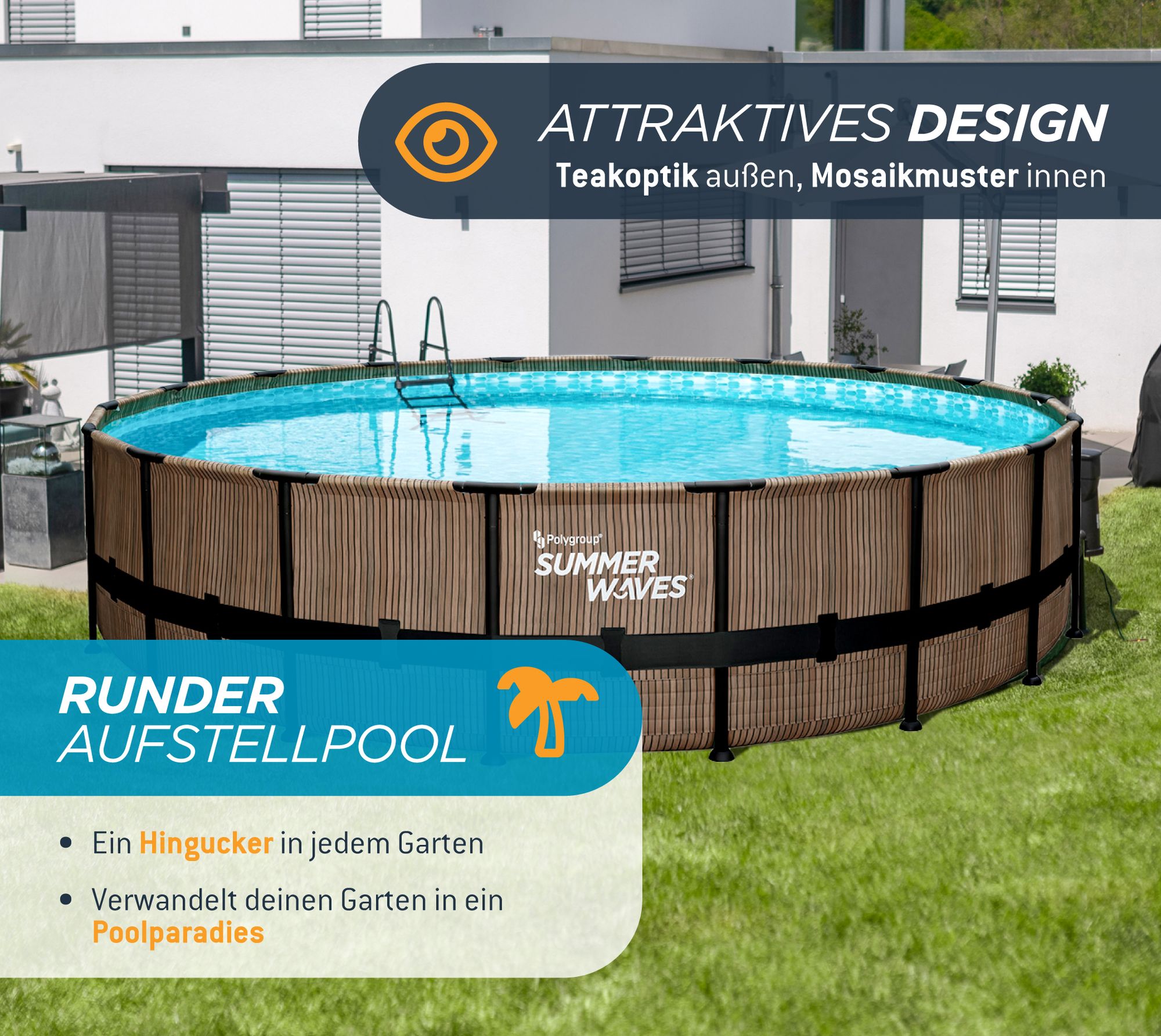 Summer Waves Elite Frame Pool Aufstellpool rund Komplettset Teakoptik braun Ø 488x122 cm