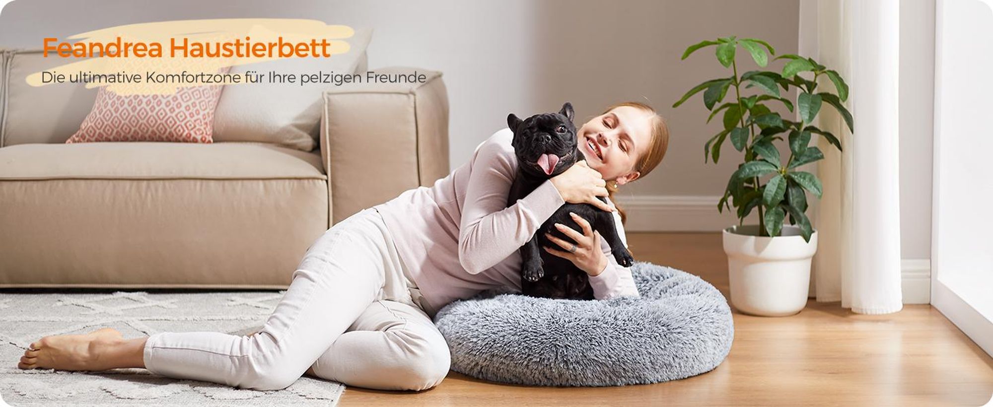 Feandrea Hundebett flauschig, Katzenbett, Donut Kissen, waschbar, Polsterung in der Mitte herausnehmbar, langer Plüsch, 70 cm Durchmesser, Ombré-Grau