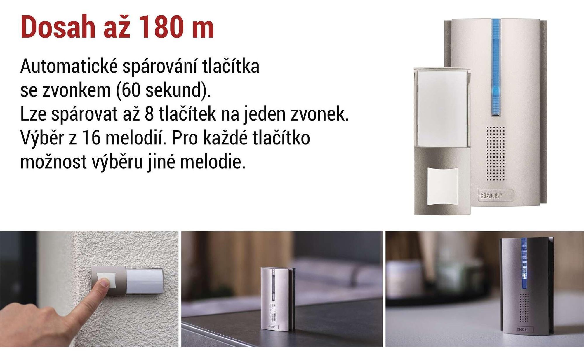 EMOS Bezdrátový zvonek s funkcí opakovače, neomezený dosah, 5 úrovní hlasitosti až 85 dB, LED displej, 16 melodií, napájení bateriemi, P5763N