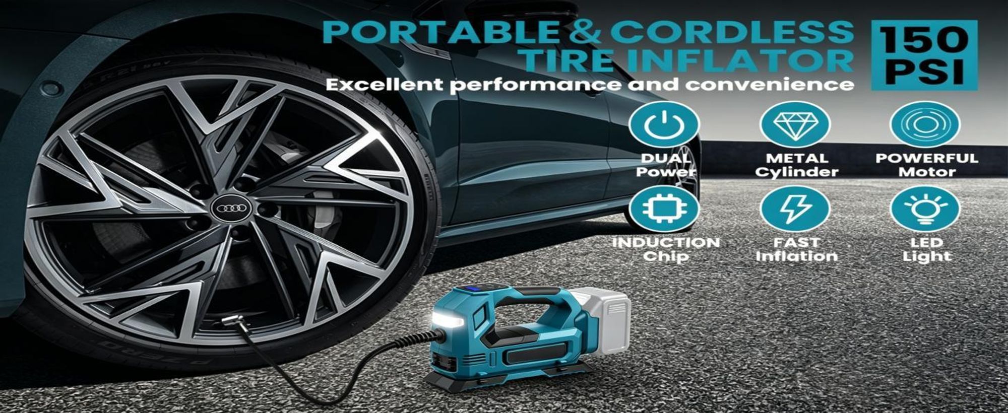 Akku-Kompressor für Makita 18V-Akku, Elektrische Luftpumpe mit LED-Leuchte, Digitalem Manometer für Autos, Motorräder, Fahrräder, Bälle (ohne Akku)