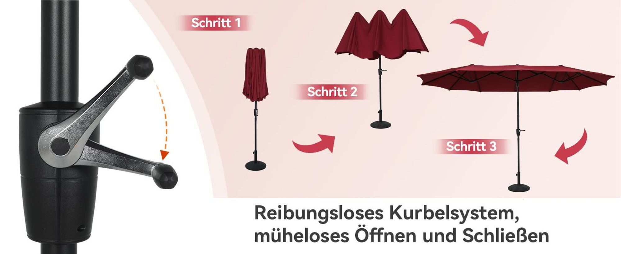 Puluomis Sonnenschirm 400 x 200 x238cm UPF 50+ mit Kurbel ohne Ständer Balkonschirm Strandschirm Marktschirm Gartenschirm Rot