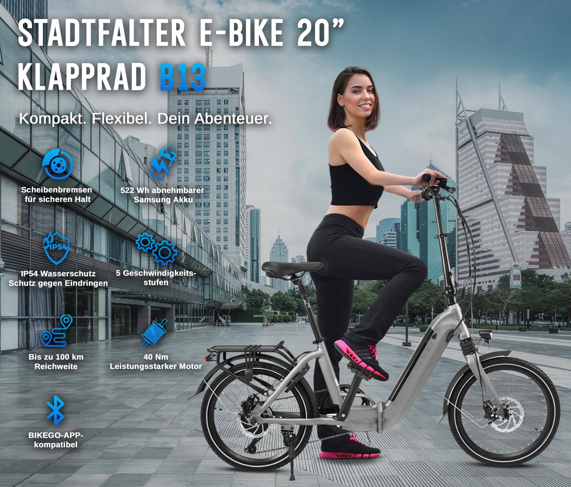 AsVIVA E-Bike 20" Klapprad B13 Stadtfalter 36V 14,0Ah Elektro-Klapprad Elektrofahrrad Pedelec grau