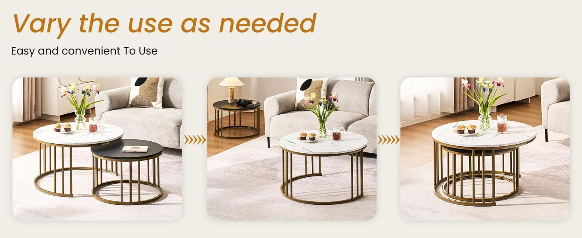 CLIPOP Couchtisch 2er Set Rund mit Marmoroptik, Metallgestell Gold Beistelltisch für Wohnzimmer Ø70+50cm, Weiß Schwarz