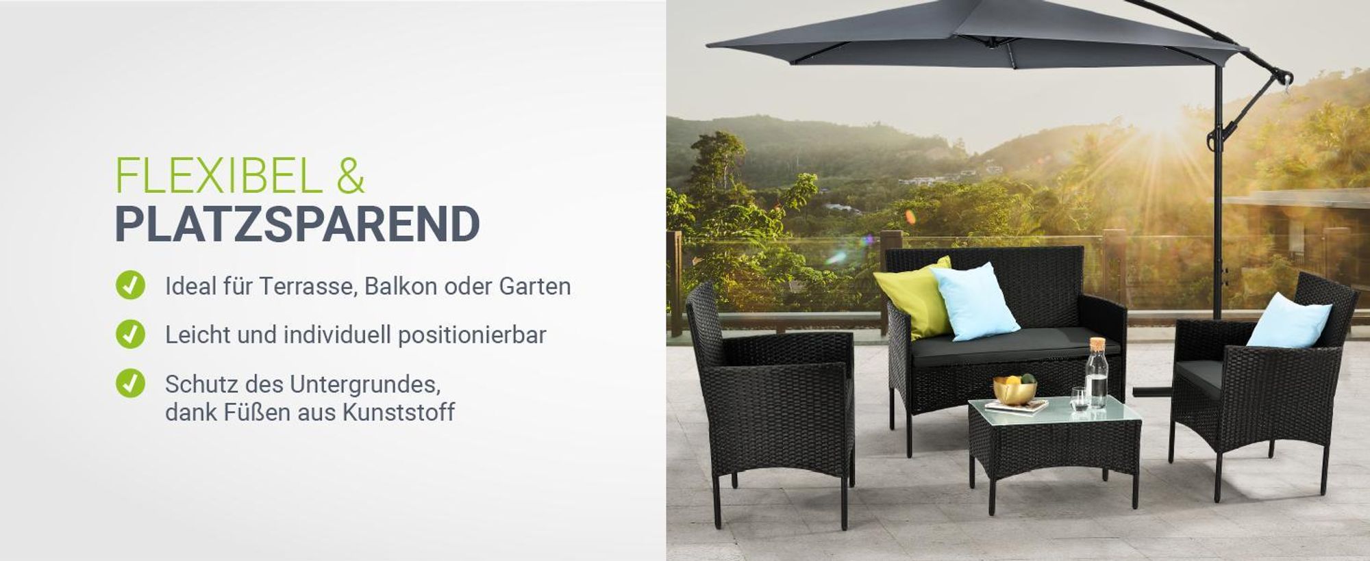 Juskys Polyrattan Gartenmöbel-Set Fort Myers inkl. Abdeckung - Tisch, Sofa & 2 Stühle - Schwarz Grau