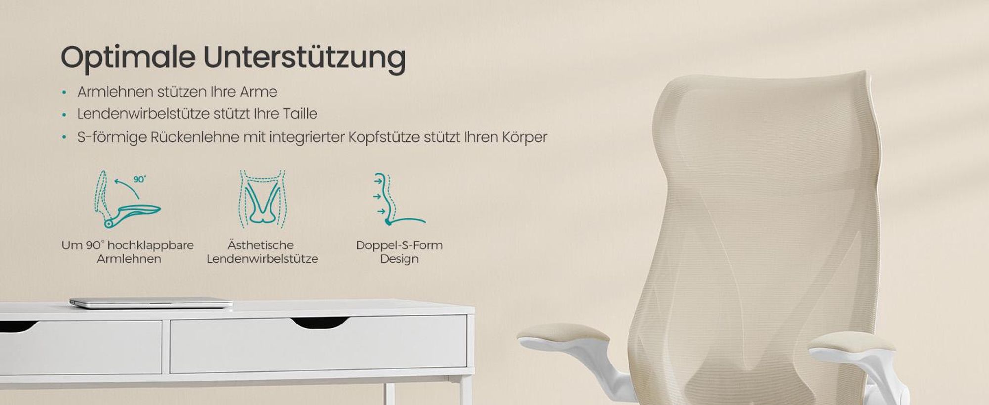 SONGMICS Schreibtischstuhl, ergonomische Rückenlehne, hochklappbare Armlehnen, cappuccinobeige