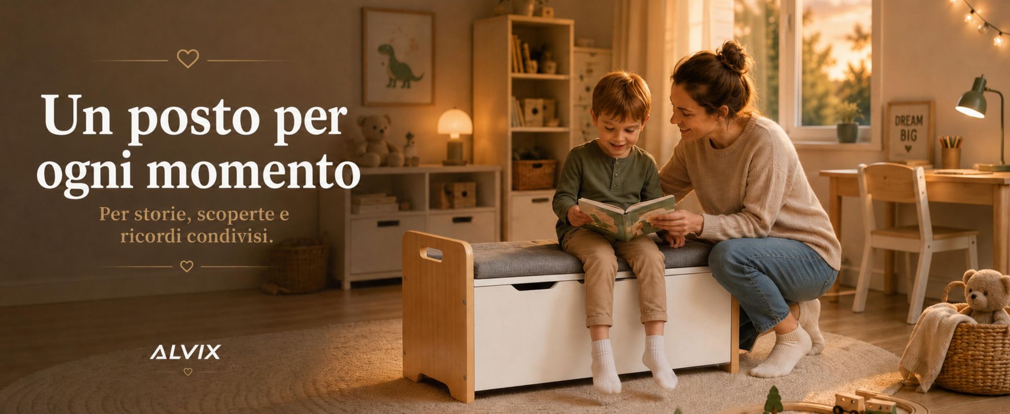 ALVIX - Cassetta portaoggetti NESTA 1, panchina per bambini con spazio contenitivo, contenitore per giocattoli con coperchio a chiusura ammortizzata, panca per la cameretta, 83x40x48 cm