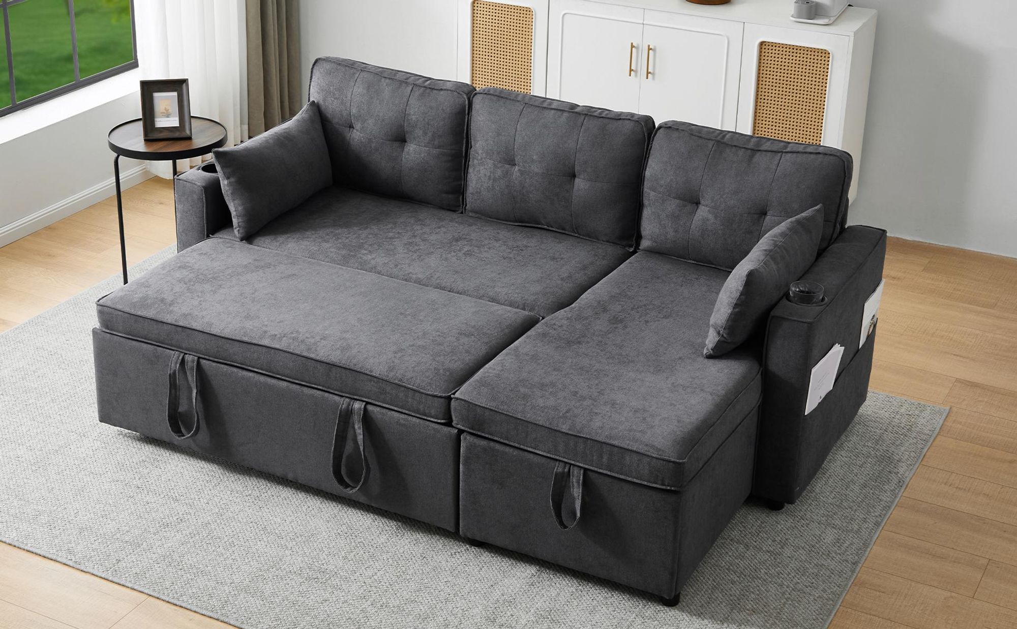 Merax Ecksofa, L-Form Sofa mit Schlaffunktion und Bettkasten, Couch mit Getränkehalter, 3-Sitzer Wohnzimmersofa, Couchgarnitur, Bettsofa, Grau