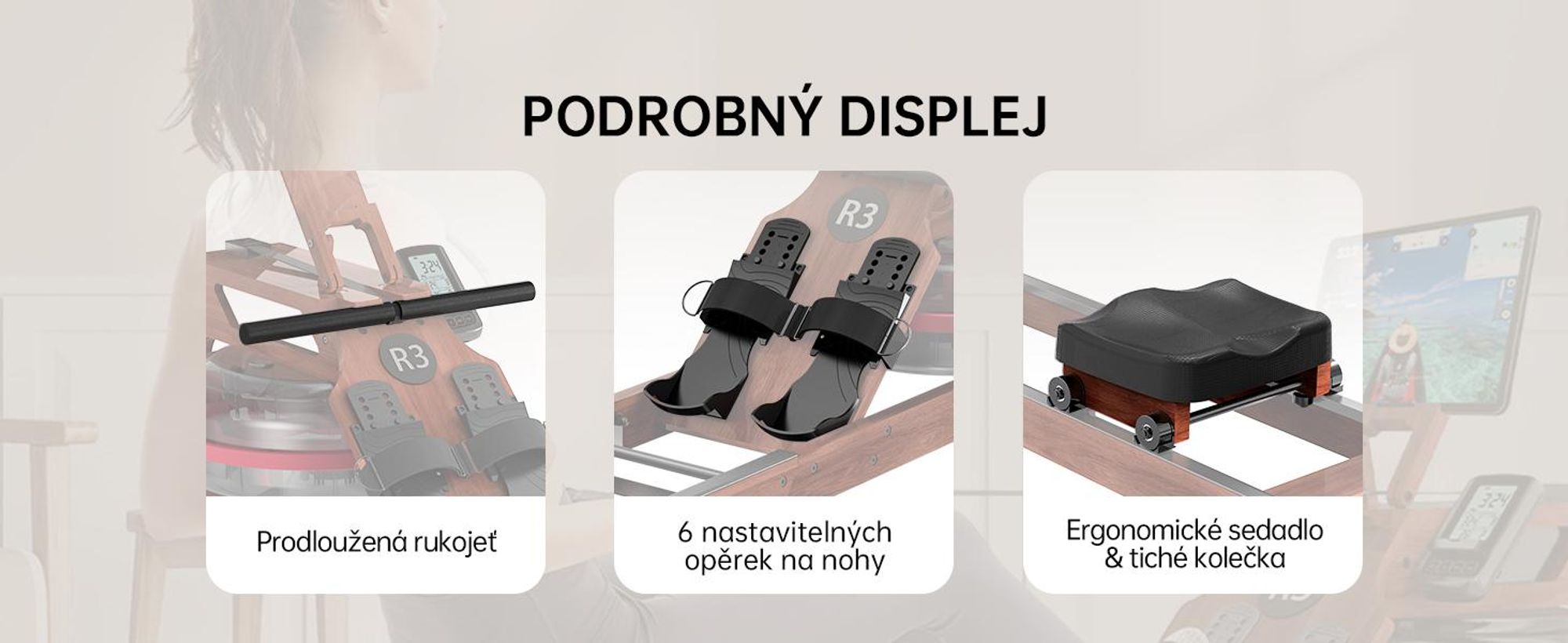 JASPORT R3 skladací vodný veslovací trenažér na doma z ho dubového dreva Bluetooth, LCD, Kinomap, 28 l, do 150 kg – Sapele