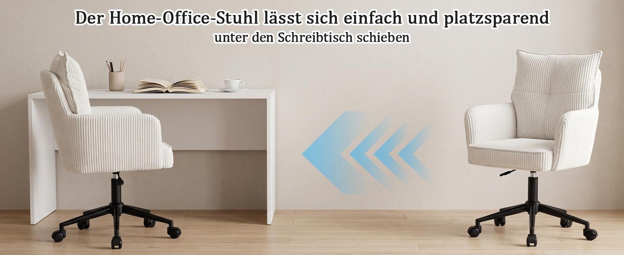 Duhome Bürostuhl 360° Drehbar Schreibtischstuhl aus Kordsamt Drehstuhl Schminktisch Stuhl Höhenverstellbar Computerstuhl, Weiß
