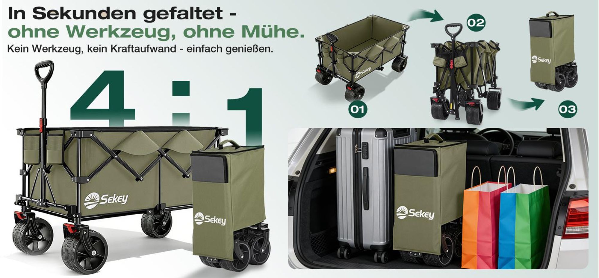 Sekey XXL Plus Bollerwagen Faltbar mit Extra Breite Räder, Faltbollerwagen belastbar 200kg Handwagen Klappbar Transportwagen, Olivgrün