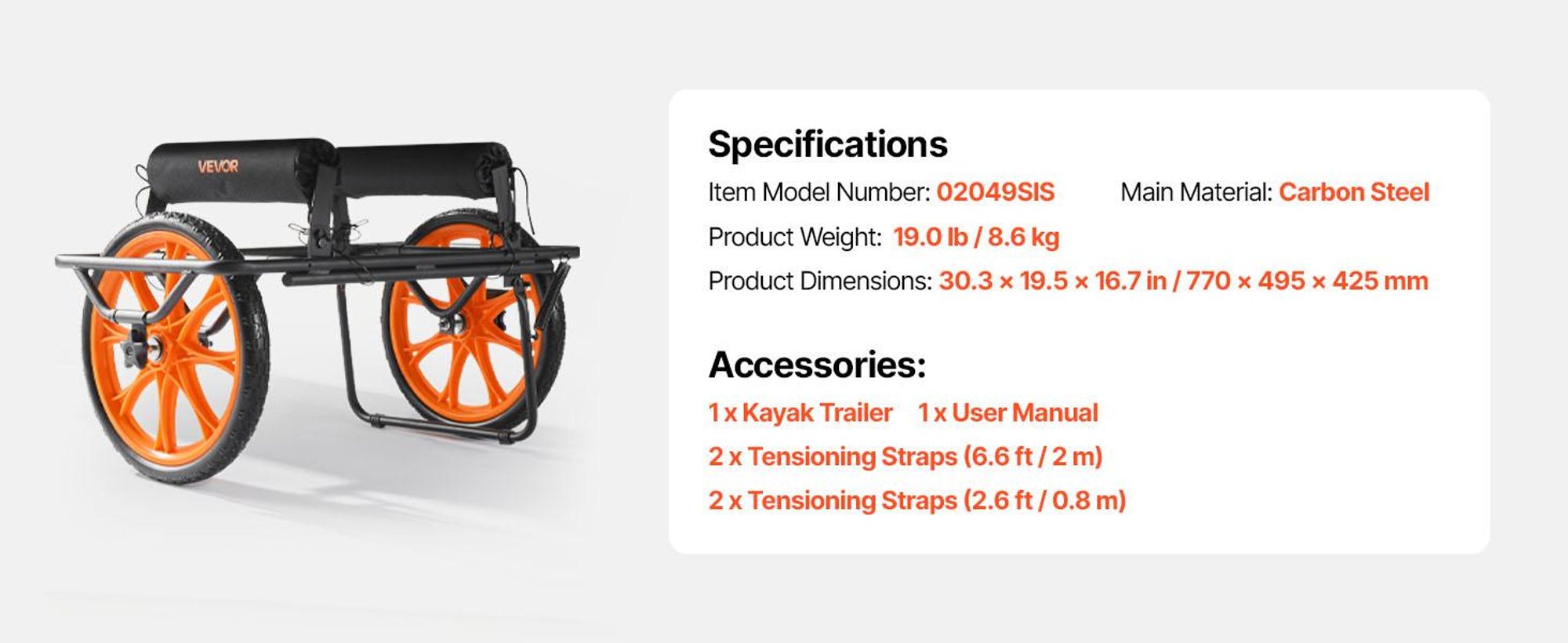 VEVOR Schwerlast-Kajakwagen, 145 kg Tragfähigkeit, abnehmbarer Kanu-Trolley mit 10'' soliden Reifen, verstellbaren Halterungen & rutschfestem Stützfuß, für Kajaks, Kanus, Paddleboards, Schwimmmatten und Jon-Boote, 9-20 Zoll