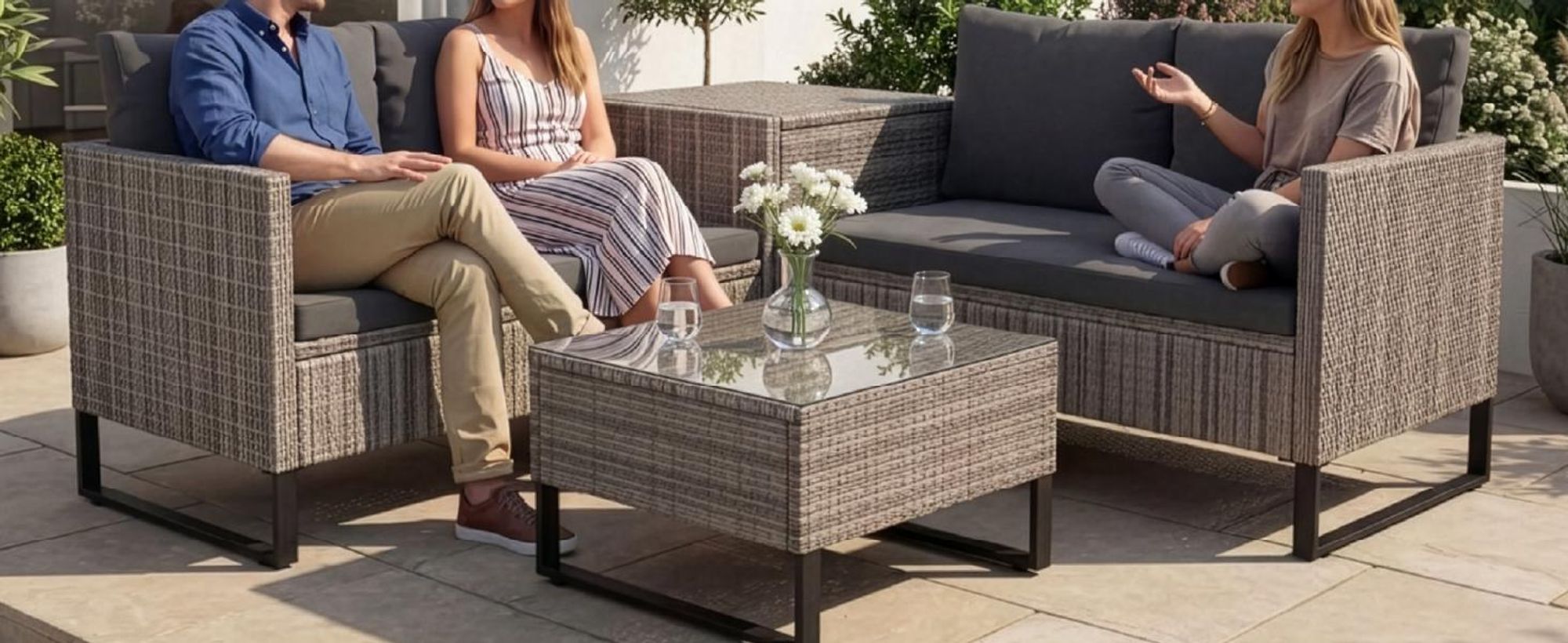 Juskys Polyrattan Lounge Santorini - Sitzecke mit Beistelltisch & Auflagenbox - Grau