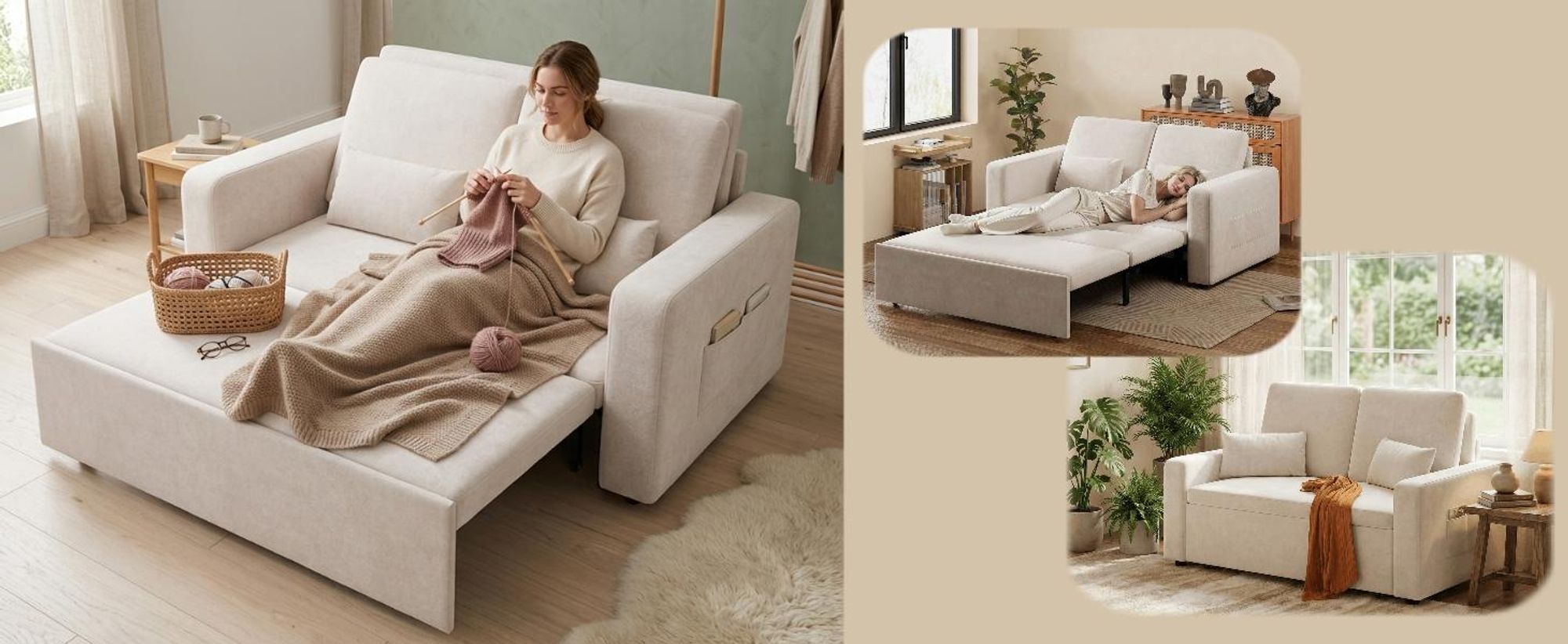 Bealife Sofa mit Schlaffunktion 147x82 cm - Ausziehbett - Chenillestoff, Cremeweiß,AR28