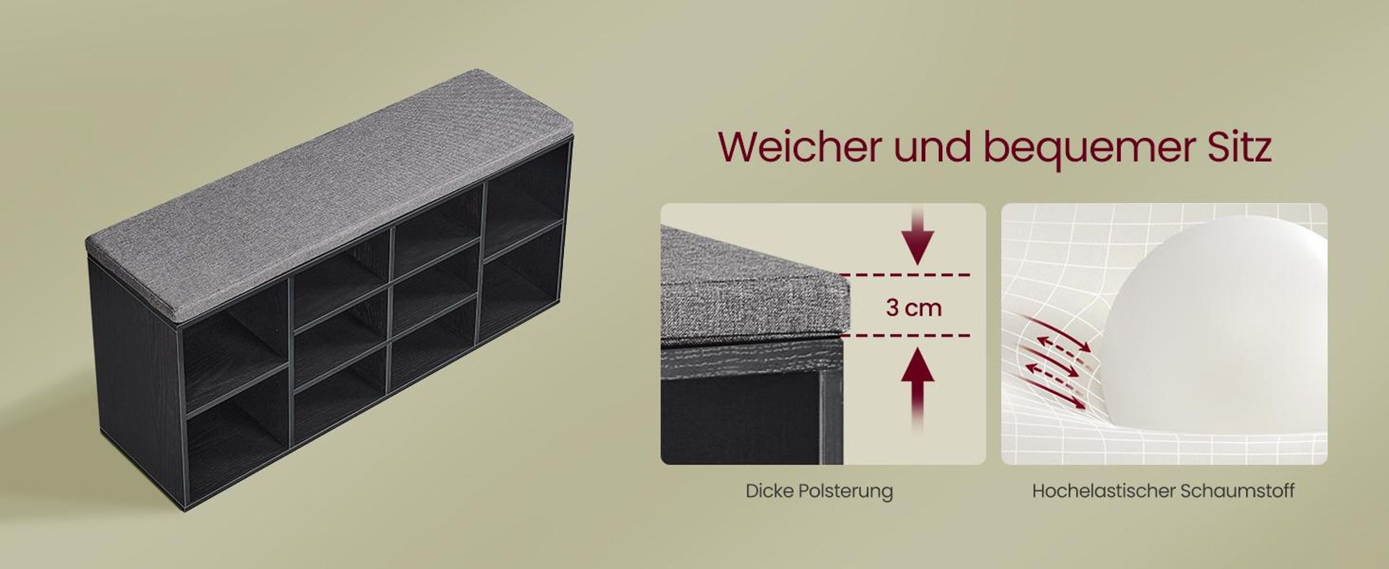 VASAGLE Schuhbank, Sitzbank, 10 Fächer, Länge 104 cm, Ebenholzschwarz