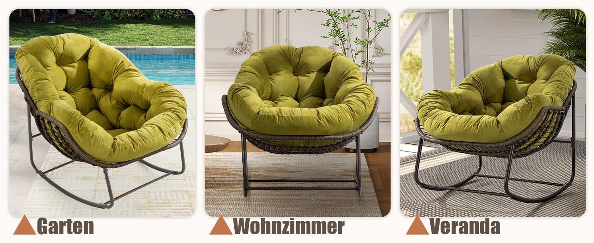 LVHOM Schaukelsessel Garten mit Kissen, 2 Stk. Rattanstühle mit Stahlrahmen, Schaukelstuhl Lounge-Schaukelsessel, Sessel für Balkon, Olivgrün