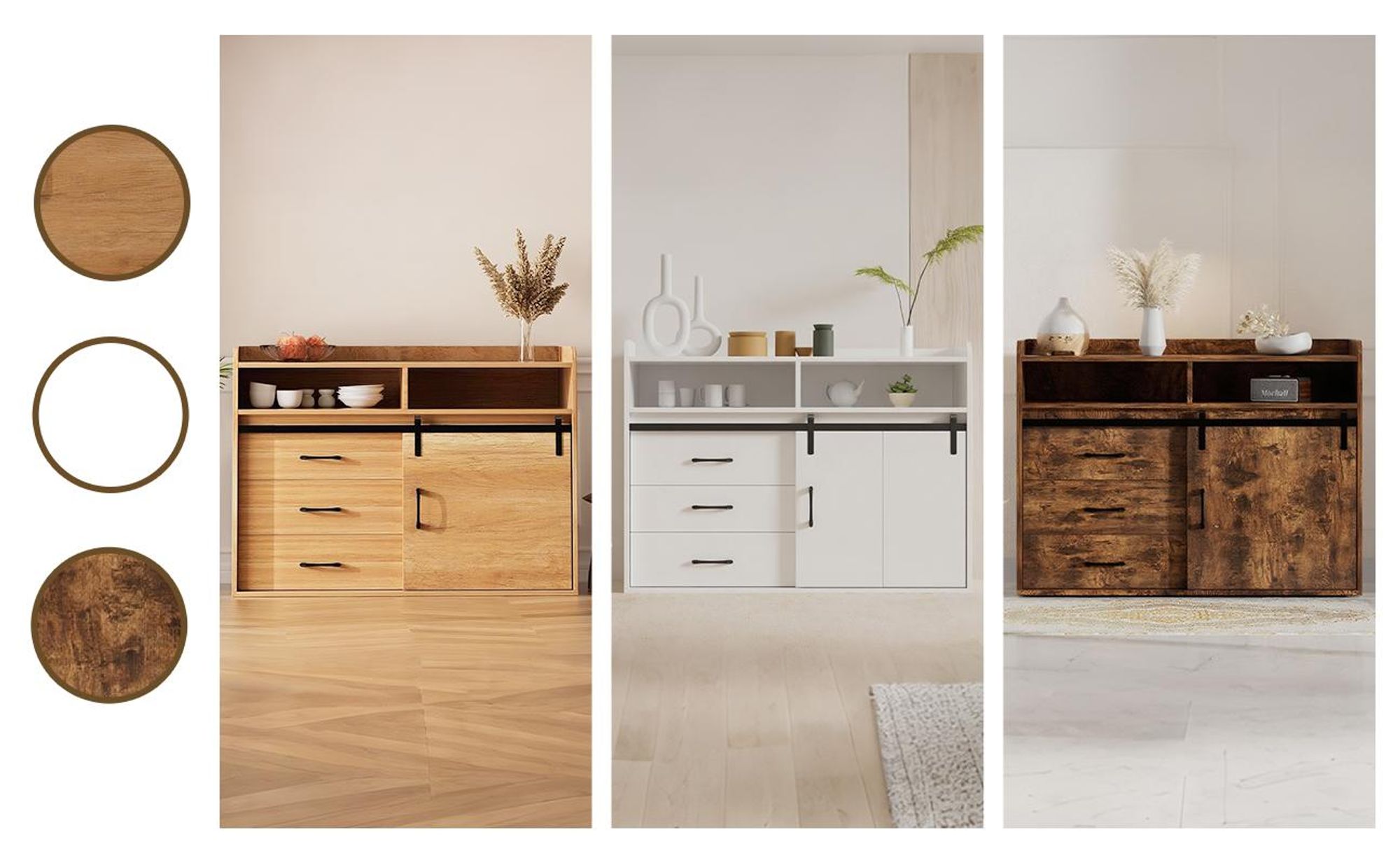 HOMAVO HG1-S Sideboard 107 cm – Modernes Wohnzimmer Sideboard mit 3 Schubladen, 1 Schiebetür & 2 offenen Fächern,Holz